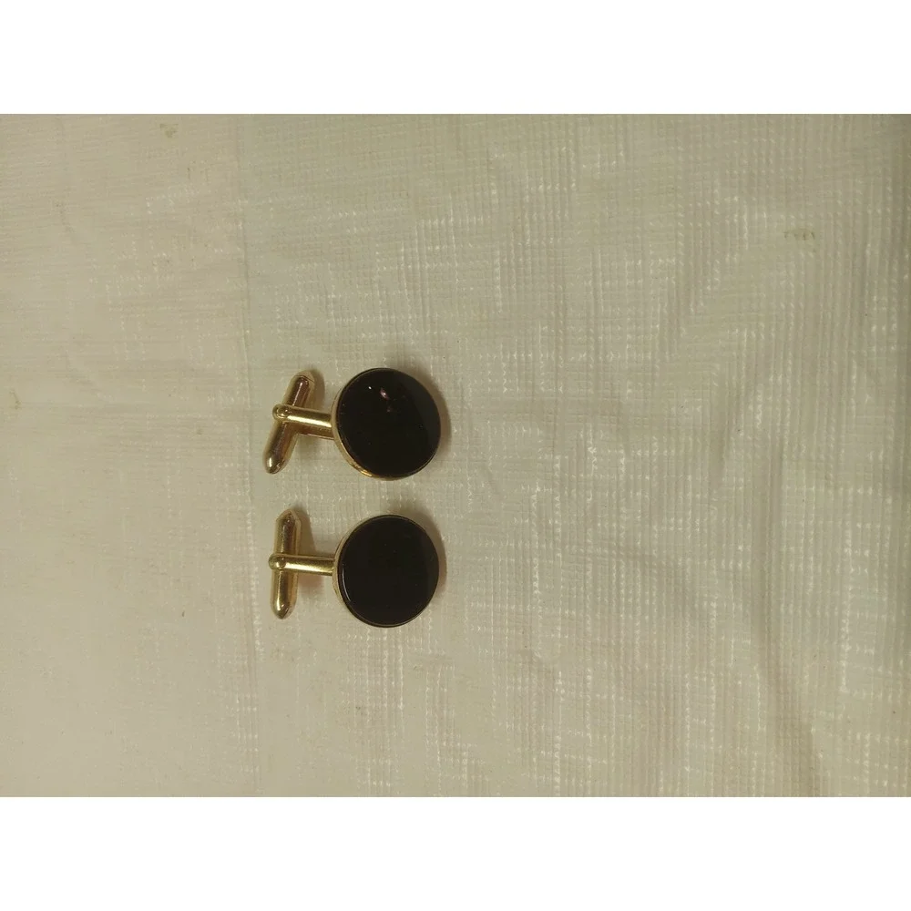 Swank Vintage Mens Gold Tone Round Black Onyx Style Inlay Bullet Back Cufflinks